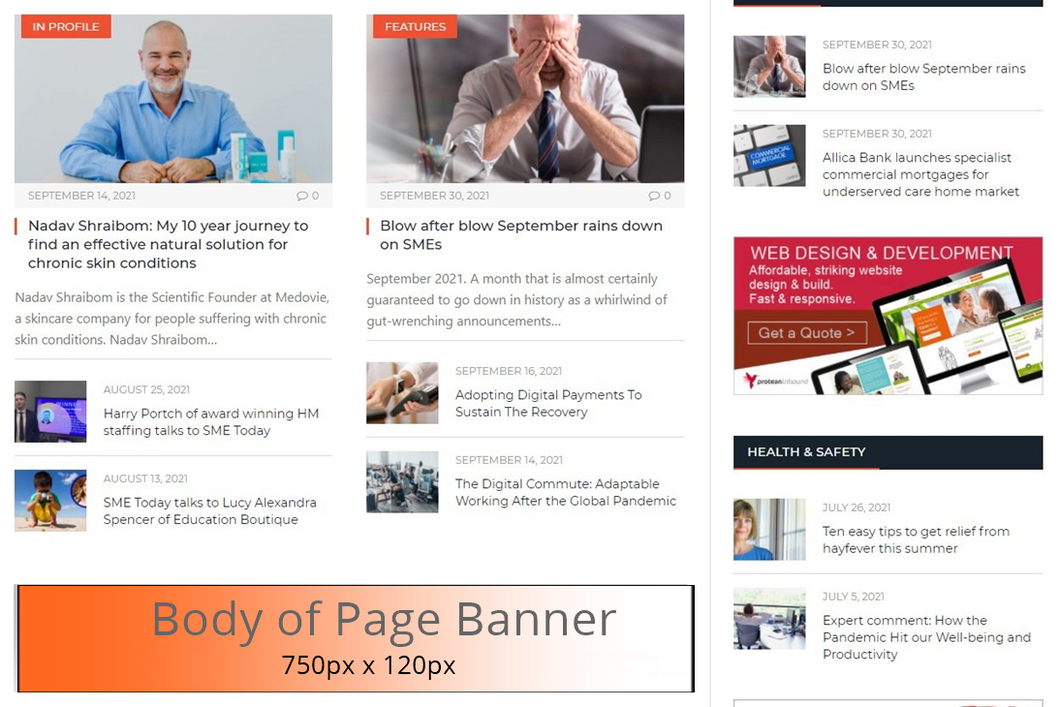 SME Today Website Home Page banner ad. Body of page.