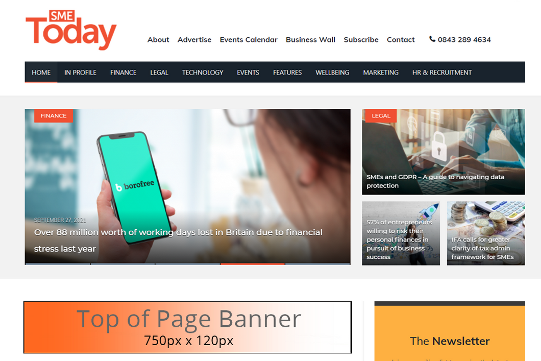 SME Today Website Home Page banner ad. Top of page.
